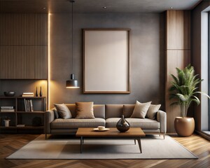 Mockup room, Mockup Frame A modern living room with a large white framed picture on the wall
