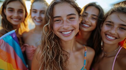 Fototapeta premium Ultra-realistic group photo of teens with rainbow flags, smiling and celebrating Pride Month at sunset
