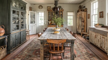 Naklejka premium A large wooden dining table is surrounded by chairs and a rug