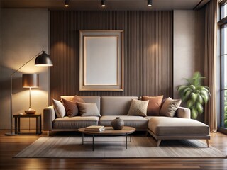 Mockup room, Mockup Frame A living room with a couch, coffee table, and potted plant