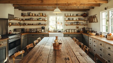 A large kitchen with a wooden table and chairs