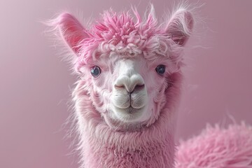 Obraz premium A funny alpaca with tousled hair poses on a lilac background, offering copy space