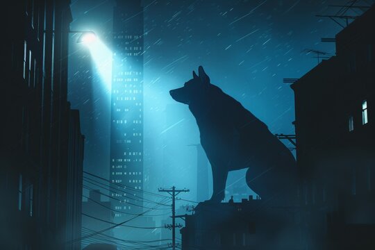 Conceptual Art of Dog Superhero Shadow in Urban Nightscape for Poster Design - Powered by Adobe