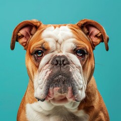 A comical bulldog with a droopy face poses in a closeup against a turquoise backdrop, offering copy space