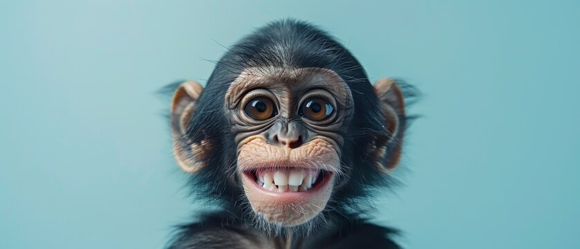 Closeup of a cheerful monkey with a wide grin, set against a light grey backdrop, leaving room for text