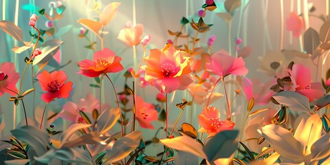 3D Abstract Flower Garden in Modern Minimalism. Flower Garden with Ruby, Rose, and Pistachio Hues