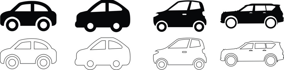 Car icons set. The car from different style vector. Side view black line and flat collection isolated on transparent background. Transportation symbol, traffic sign, travel element for website and app © WaQar