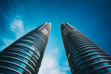 Two tall buildings with blue sky in the background and few clouds in the sky.