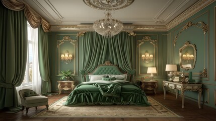 A large bedroom with a green bed and green curtains