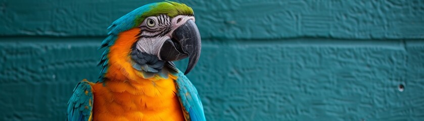 Obraz premium A parrot with a comical expression stands out against a teal backdrop with space for text beside