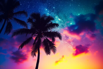 Obraz premium Palm tree with colorful sky in the background and stars in the sky.