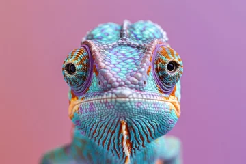 Fotobehang Closeup of amusing chameleon with eyes in different directions against a vivid purple backdrop, space for text © Fokasu Art
