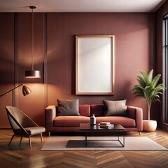 Mockup room, Mockup Frame A living room with a red couch, a coffee table, a potted plant, and a lamp