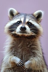 Fototapeta premium Closeup portrait of a mischievous raccoon with a cheeky grin against a lavender background, providing space for text