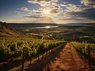 Naklejka premium Sunset Over Vineyards in a Serene Valley
