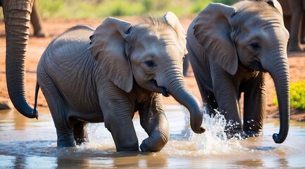 Baby elephant playing in waterpool, happy baby