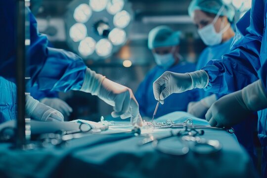 An elaborate photo of an operating room scene with the focus on one doctor's hand as they place surgical tools onto the table