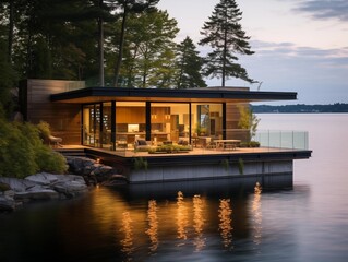 Fototapeta premium Twilight at the Lakefront Modern Home