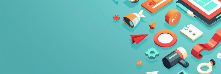 Obraz premium Flat lay of various creative objects - The image is a top view of assorted items related to creativity and innovation, with a strong blue background