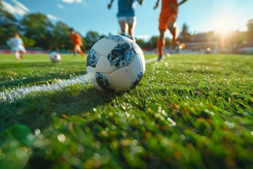 A close-up view of a soccer ball on a sprawling green field with multiple players in action under a clear blue sky, showcasing the energy and excitement of the game
