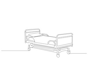 Continuous one line drawing of hospital patient bed. One line drawing illustration of hospital room interior. Empty hospital room concept continuous line art. Editable outline.