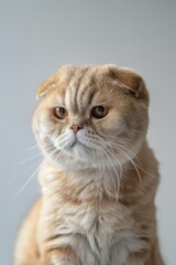 Fototapeta premium A cat with a fluffy orange coat and a long tail is sitting on a white surface