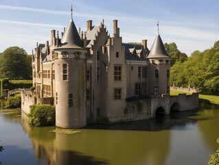 Fototapeta premium Visitors explore a medieval castle on a sunny day in Europe