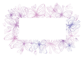 Butterflies are pink, blue, lilac, flying, delicate line art. Graphic illustration hand drawn in pink, lilac ink. Square frame, template EPS vector.