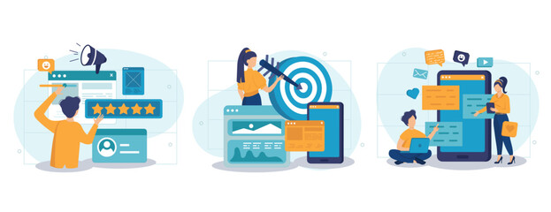 Customer behavior analysis abstract concept vector illustration set. Data driven marketing, user feedback and website rating, online survey, user data, marketing research tool abstract metaphor.