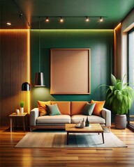Mockup room, Mockup Frame A living room with a green wall, a couch, a coffee table, and a potted plant