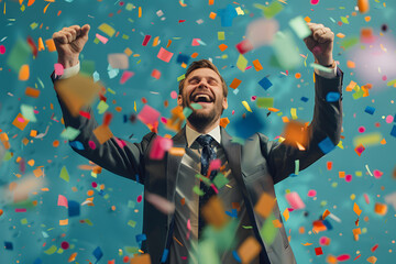 Happy businessman cheering with colorful confetti