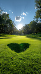 Romantic Greens: Golf Course with Love Heart Shadow and Blue Sky
