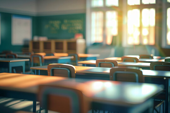 A classroom setting with a blurred background and an empty student desk arrangement, 