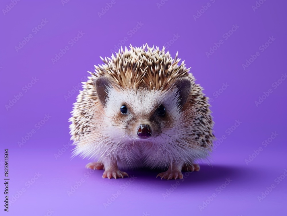 Wall mural Funny closeup of a hedgehog, curious expression, isolated on a purple background, ample copy space - Wall murals