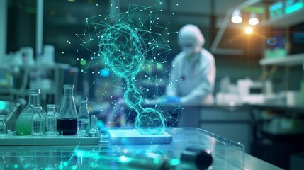 A scientist in a lab coat examines a dynamic holographic DNA structure in a futuristic laboratory environment.