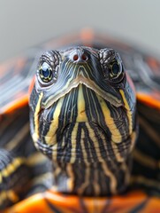 Obraz premium Turtle with a comical closeup, extending its head against an orange backdrop, with space for text