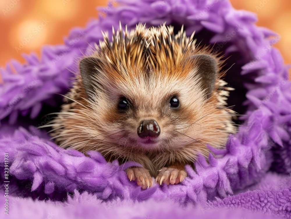 Wall mural Ample copy space surrounds a curious hedgehog with a funny expression on a purple background - Wall murals