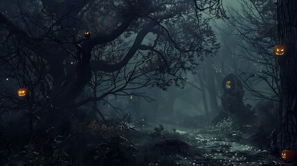 A haunted forest looms dark and mysterious, concealing otherworldly creatures that stir on Halloween night.