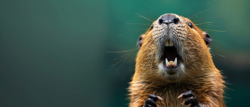 Closeup of a toothy beaver on forest green backdrop, room for text, adds humor to the scene