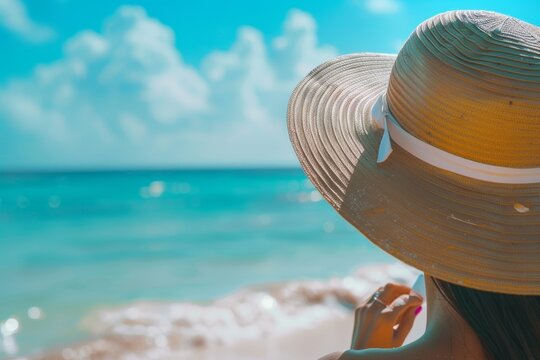 Tropical Getaway - Beach Scene with Sun Protection Essentials, Wide Brimmed Hat and Sunglasses - Perfect for Summer Travel Themes