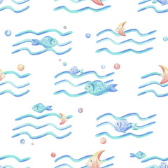 Sea waves, various fish and bubbles. Hand drawn watercolor illustration in blue and coral colors. Seamless pattern, childish, cute, gentle, simple for textiles and nursery decoration.