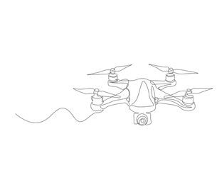 Continuous one line drawing of flying drone. One line drawing illustration of drone. Modern air technology for videography concept. Drone single line drawing. Editable outline.