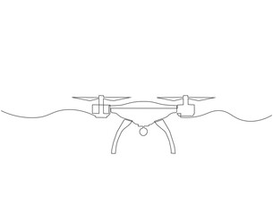 Continuous one line drawing of flying drone. One line drawing illustration of drone. Modern air technology for videography concept. Drone single line drawing. Editable outline.