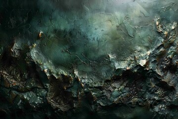 An abstract image featuring a textured and cracked surface with various shades of green and dark...