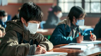 Students Maintaining Social Distancing in a Classroom While Wearing Masks During Study Session