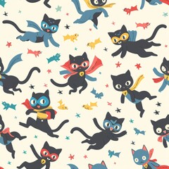 Playful Cat Superheroes Seamless Pattern Design for Children's Clothing or Wallpaper