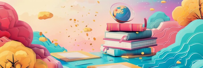 Fototapeta premium Fantasy books and globe in colorful abstract landscape - A digital illustration of books and a globe, framed by abstract colorful hills and clouds