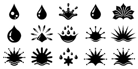 Water drops, black sea ocean waves stencil. Liquid elements, cry droplet icons vector set. Ink, sauce, river isolated splashes