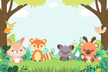 Naklejka premium Cartoon animals in a forest clearing - A cute and colorful illustration of cartoon woodland creatures in a forest environment