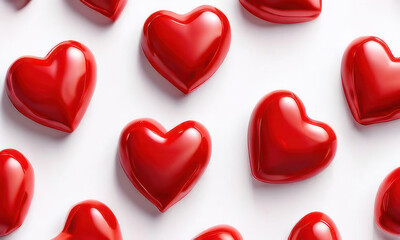 White background with many red hearts all around it with empty space in center